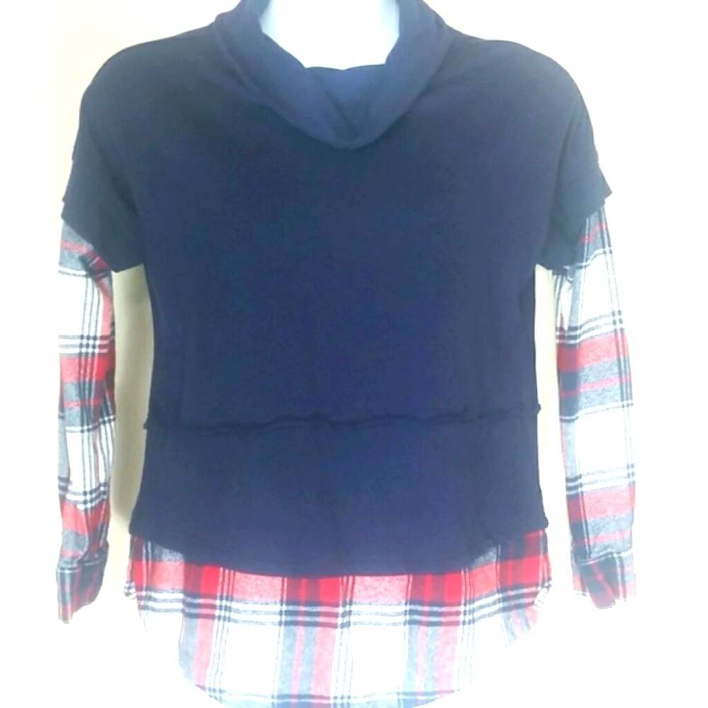 Ruff Hewn T-shirt top tunic long sleeve flannel trim Navy layered EUC